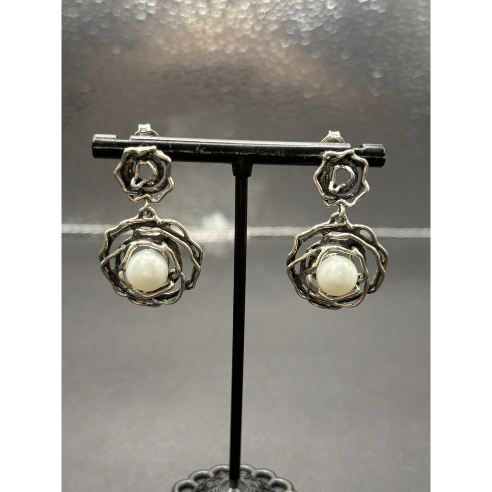 Vintage Sterling Silver Israel Bird Best Earrings Pearl 8 Grams H5
